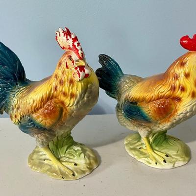 2 pair of vintage Norcrest painted ceramic roosters & hens