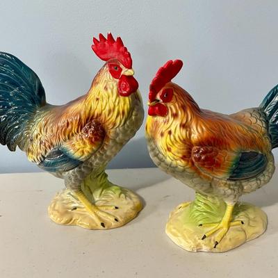 2 pair of vintage Norcrest painted ceramic roosters & hens