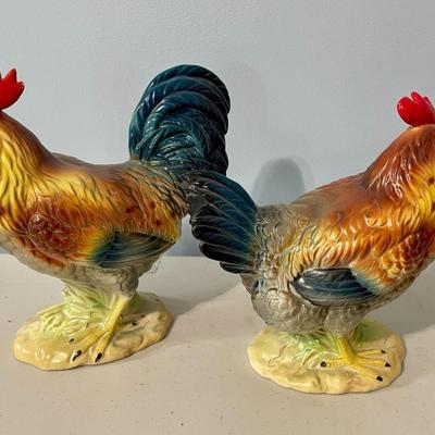 2 pair of vintage Norcrest painted ceramic roosters & hens