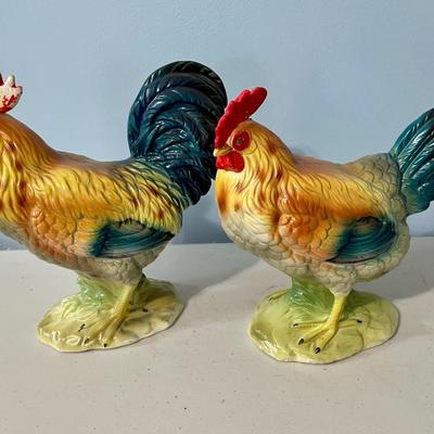 2 pair of vintage Norcrest painted ceramic roosters & hens