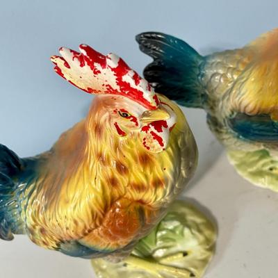 2 pair of vintage Norcrest painted ceramic roosters & hens