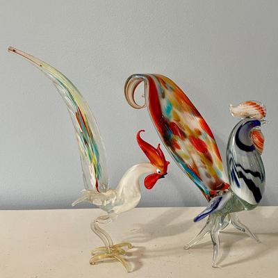 Pair of vintage glass roosters