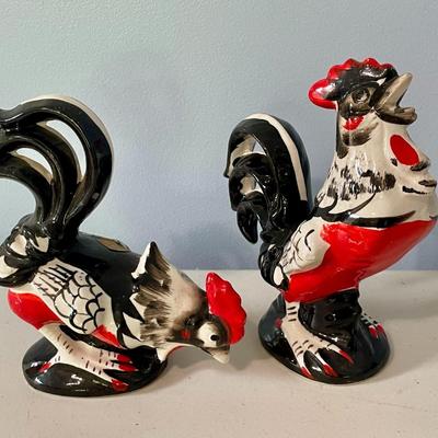 Pair of vintage painted ceramic rooster & hen
