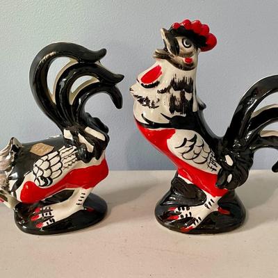 Pair of vintage painted ceramic rooster & hen