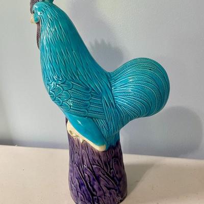 Vintage tall blue painted ceramic rooster