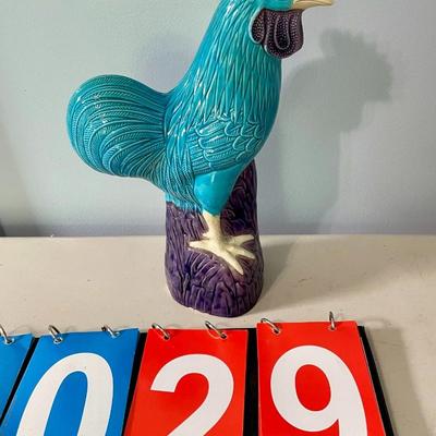 Vintage tall blue painted ceramic rooster