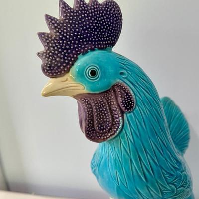 Vintage tall blue painted ceramic rooster