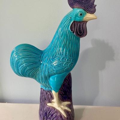 Vintage tall blue painted ceramic rooster