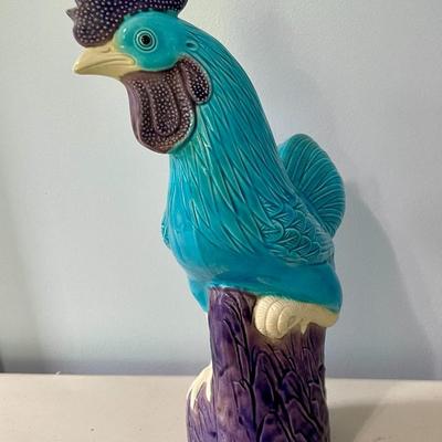 Vintage tall blue painted ceramic rooster