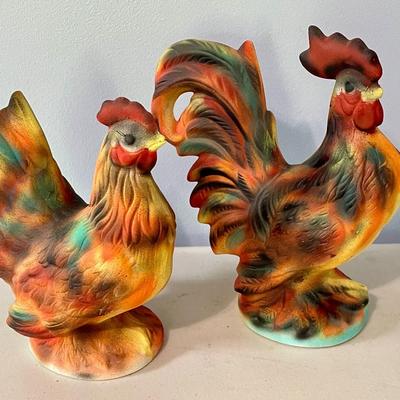 Vintage painted ceramic rooster & hen