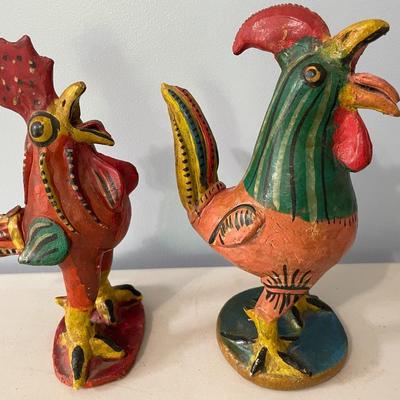 Pair of vintage painted terracotta roosters