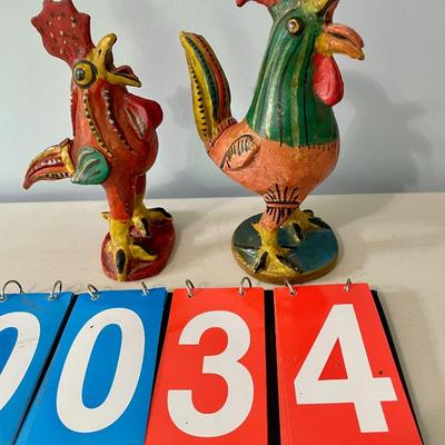 Pair of vintage painted terracotta roosters