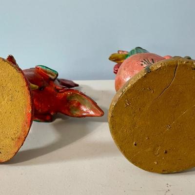 Pair of vintage painted terracotta roosters