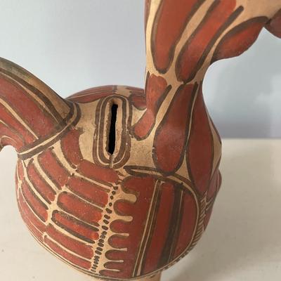 Vintage painted terracotta rooster coin bank