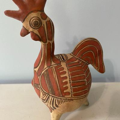 Vintage painted terracotta rooster coin bank