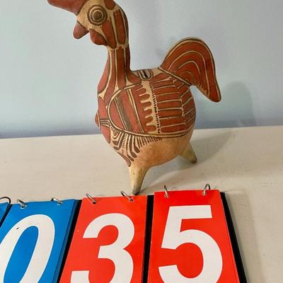 Vintage painted terracotta rooster coin bank