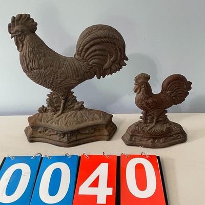 Pair of vintage cast iron metal rooster doorstops
