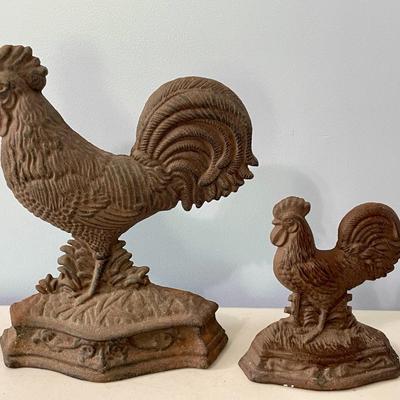 Pair of vintage cast iron metal rooster doorstops
