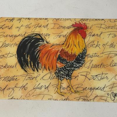 Mixed 5pc vintage lot of metal roosters + vinyl placemat