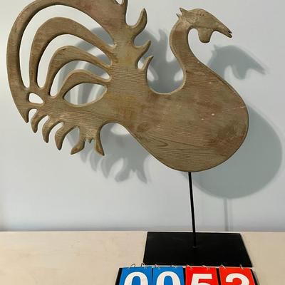 Large wood rooster on metal stand