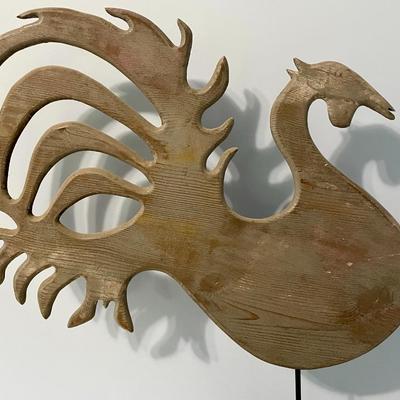 Large wood rooster on metal stand