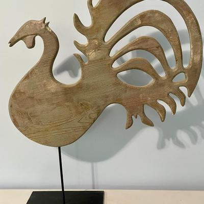 Large wood rooster on metal stand
