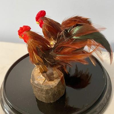 Pair of feathered rooster figurines "under glass"