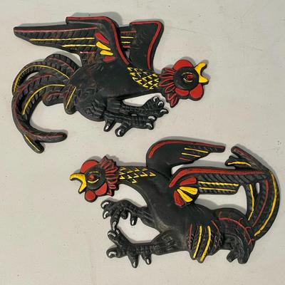 Pair of vintage Winton painted cast iron fighting roosters