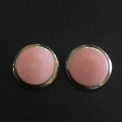 Vintage Silver tone , baby, pink Lucite, tape, circular clip on earrings