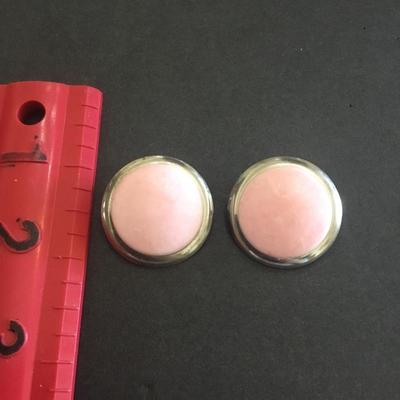 Vintage Silver tone , baby, pink Lucite, tape, circular clip on earrings