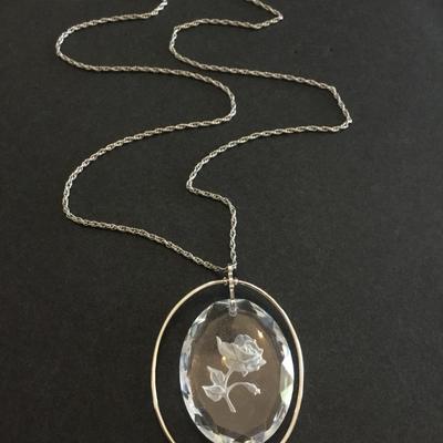 Vintage hallmark cards Rose crystal carved pendant, necklace