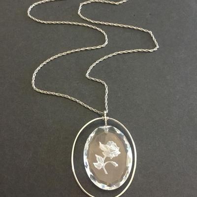 Vintage hallmark cards Rose crystal carved pendant, necklace