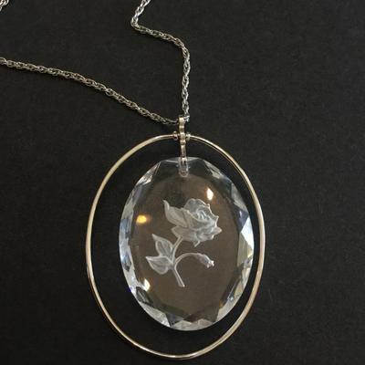 Vintage hallmark cards Rose crystal carved pendant, necklace