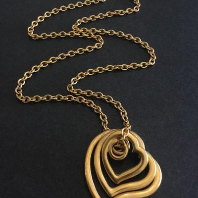 Avon satin gold, toned, triple heart necklace, vintage Avon very nice