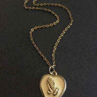 Vintage, praying hands enamel heart necklace