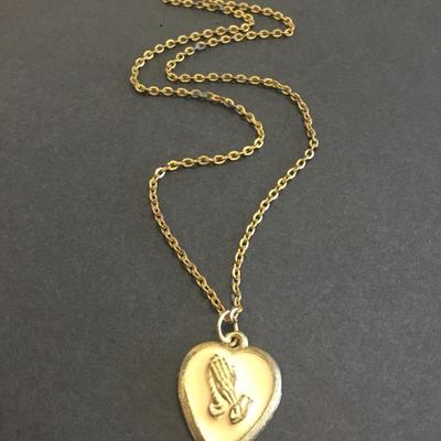 Vintage, praying hands enamel heart necklace