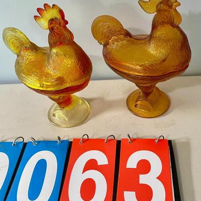 Vintage Amberina & Amber glass rooster candy/nut dishes