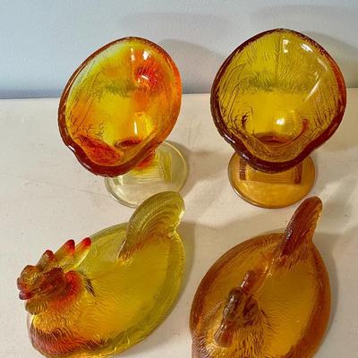 Vintage Amberina & Amber glass rooster candy/nut dishes