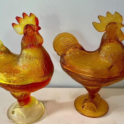Vintage Amberina & Amber glass rooster candy/nut dishes