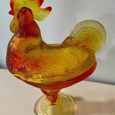Vintage Amberina & Amber glass rooster candy/nut dishes