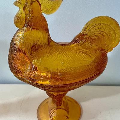 Vintage Amberina & Amber glass rooster candy/nut dishes
