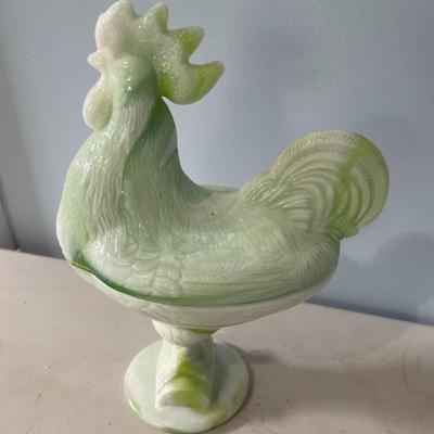 Frosted clear and green slag glass rooster candy/nut dishes