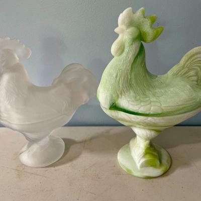 Frosted clear and green slag glass rooster candy/nut dishes
