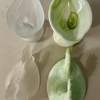 Frosted clear and green slag glass rooster candy/nut dishes