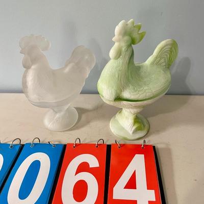Frosted clear and green slag glass rooster candy/nut dishes