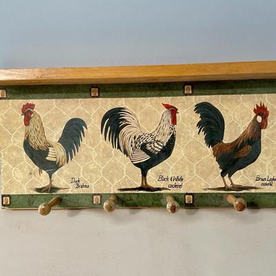 Wood rooster wall-mounted coat rack