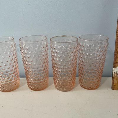 Set of 7 vintage pink hobnail drinking glasses