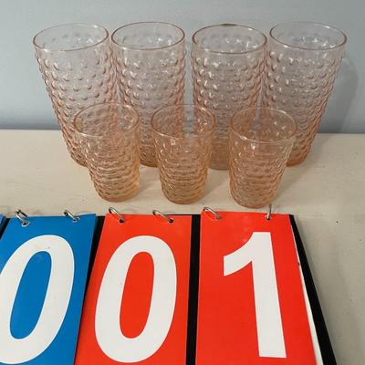 Set of 7 vintage pink hobnail drinking glasses