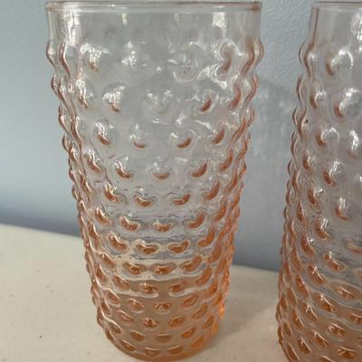 Set of 7 vintage pink hobnail drinking glasses