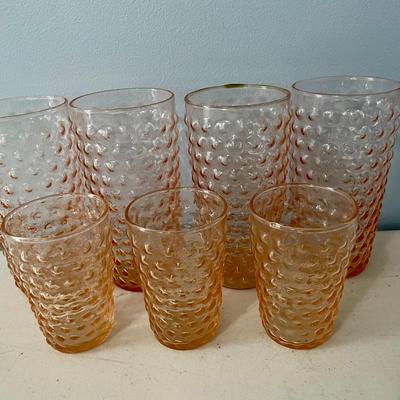 Set of 7 vintage pink hobnail drinking glasses